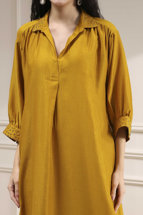 Ochre Yellow Polyester A-Line Dyed Kurta Pants Set image number 1