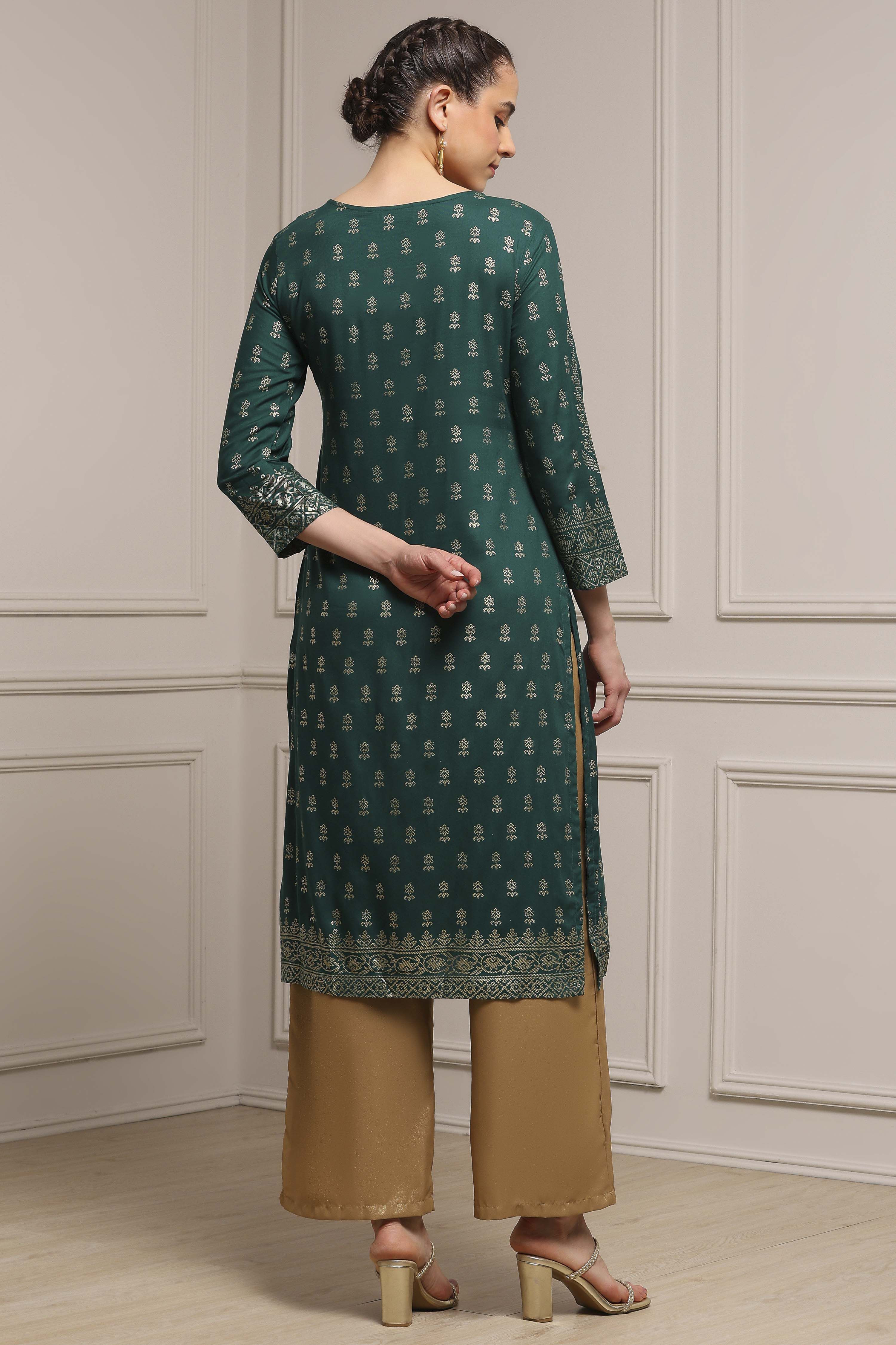 Bottle Green LIVA Straight Printed Kurta image number 3