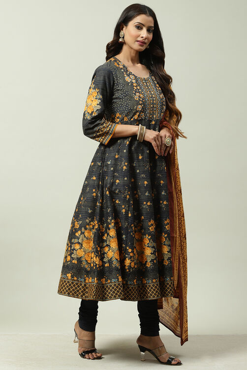 Black Cotton Anarkali Kurta Churidar Suit Set image number 6