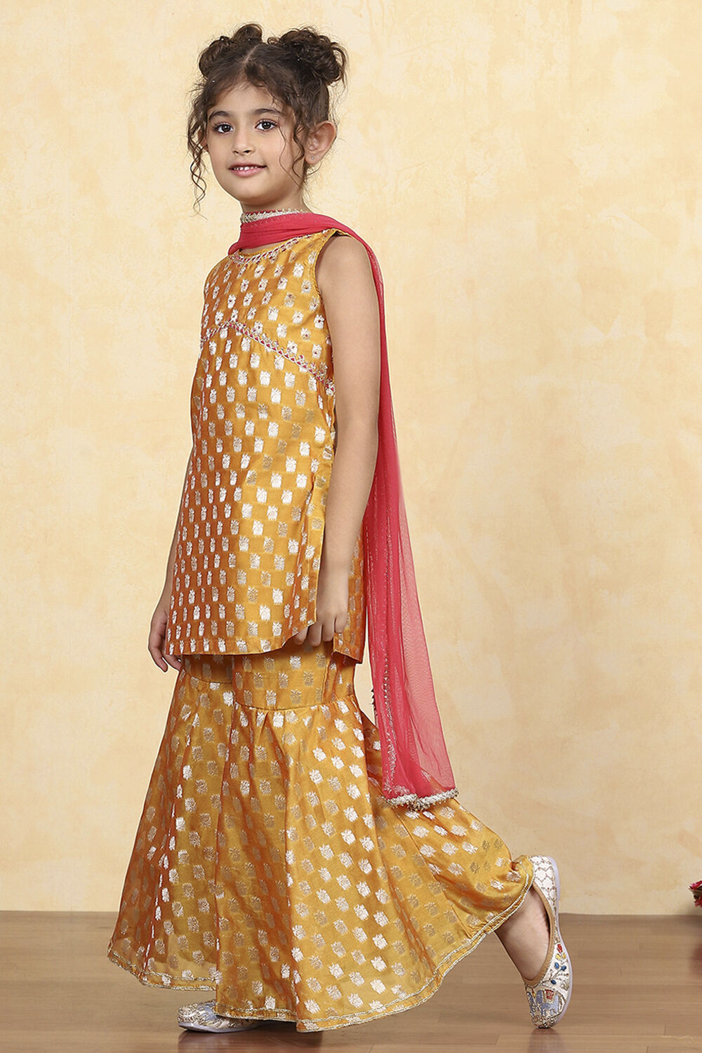 Yellow Brocade Yarndyed Fitted Sharara Suit Set image number 3
