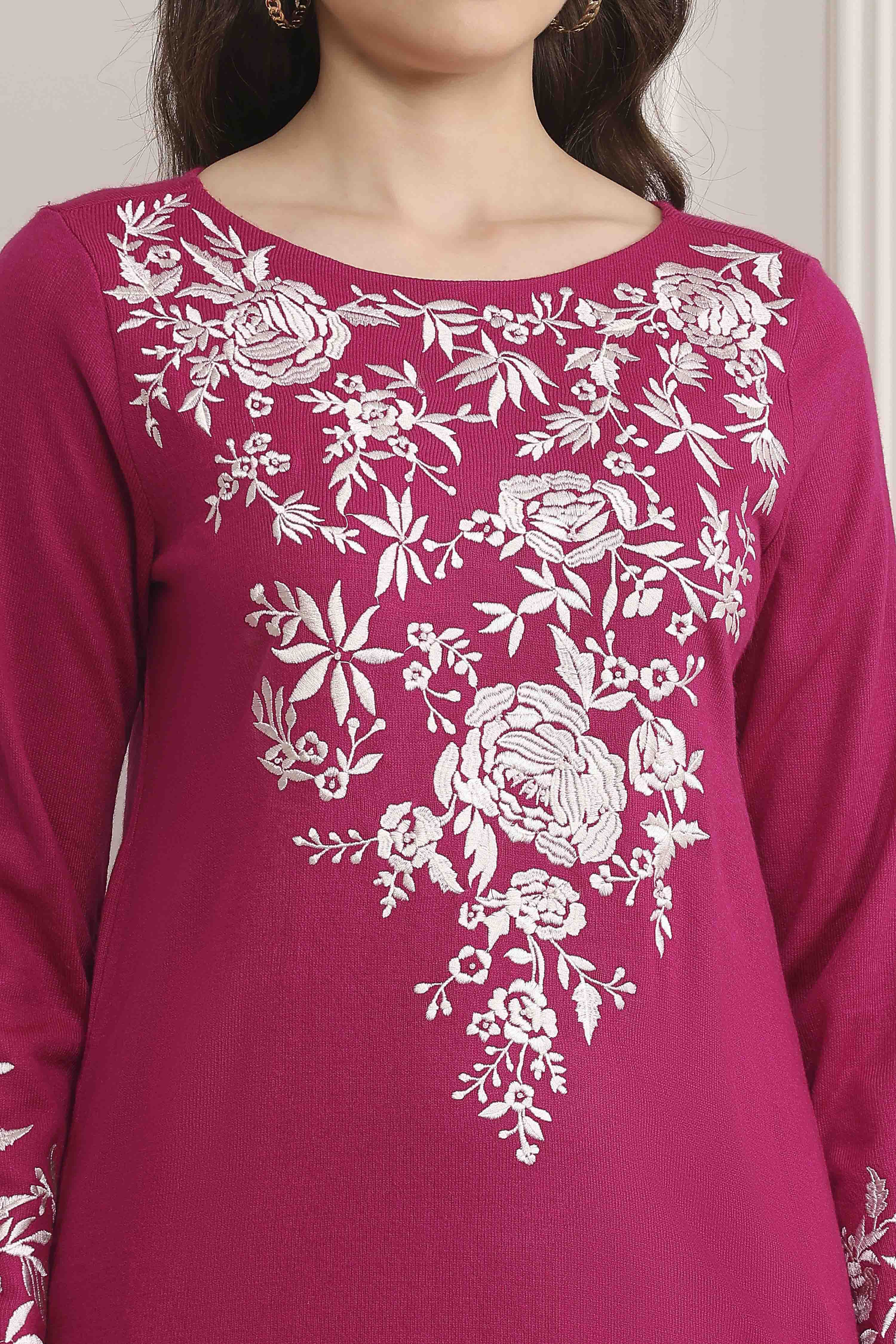 Fuchsia Polyester Embroidered Straight Kurta image number 1