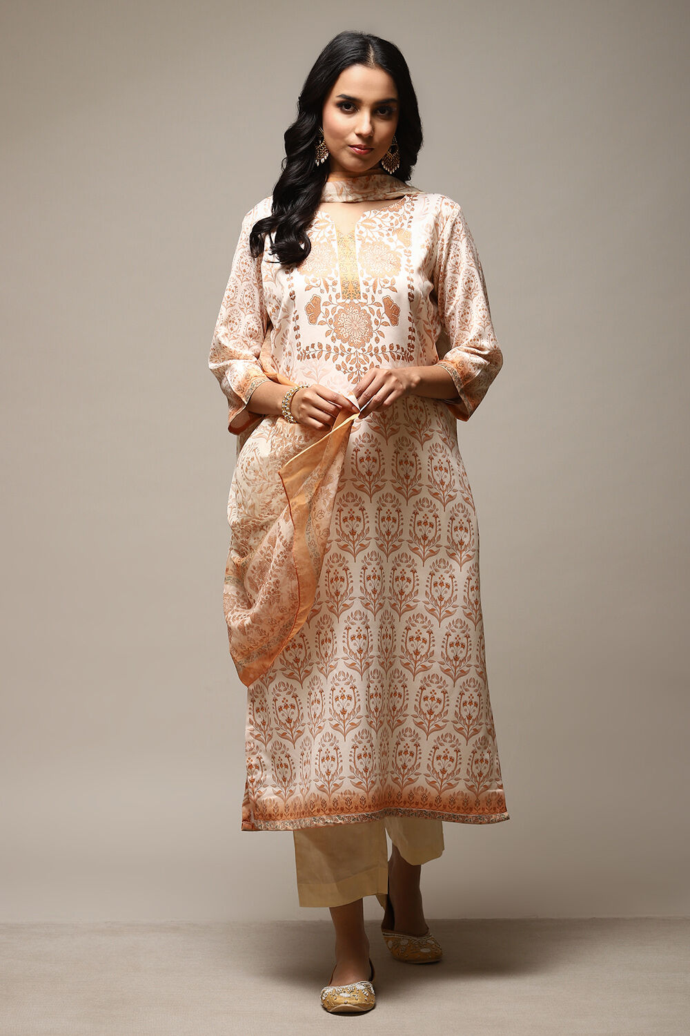 Beige Cotton Screen Print Unstitched Suit Set image number 8