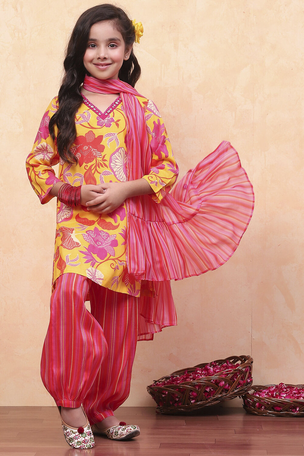 Yellow and Pink Viscose Blend Floral Straight Suit Set image number 0