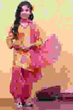 Yellow and Pink Viscose Blend Floral Straight Suit Set image number 0