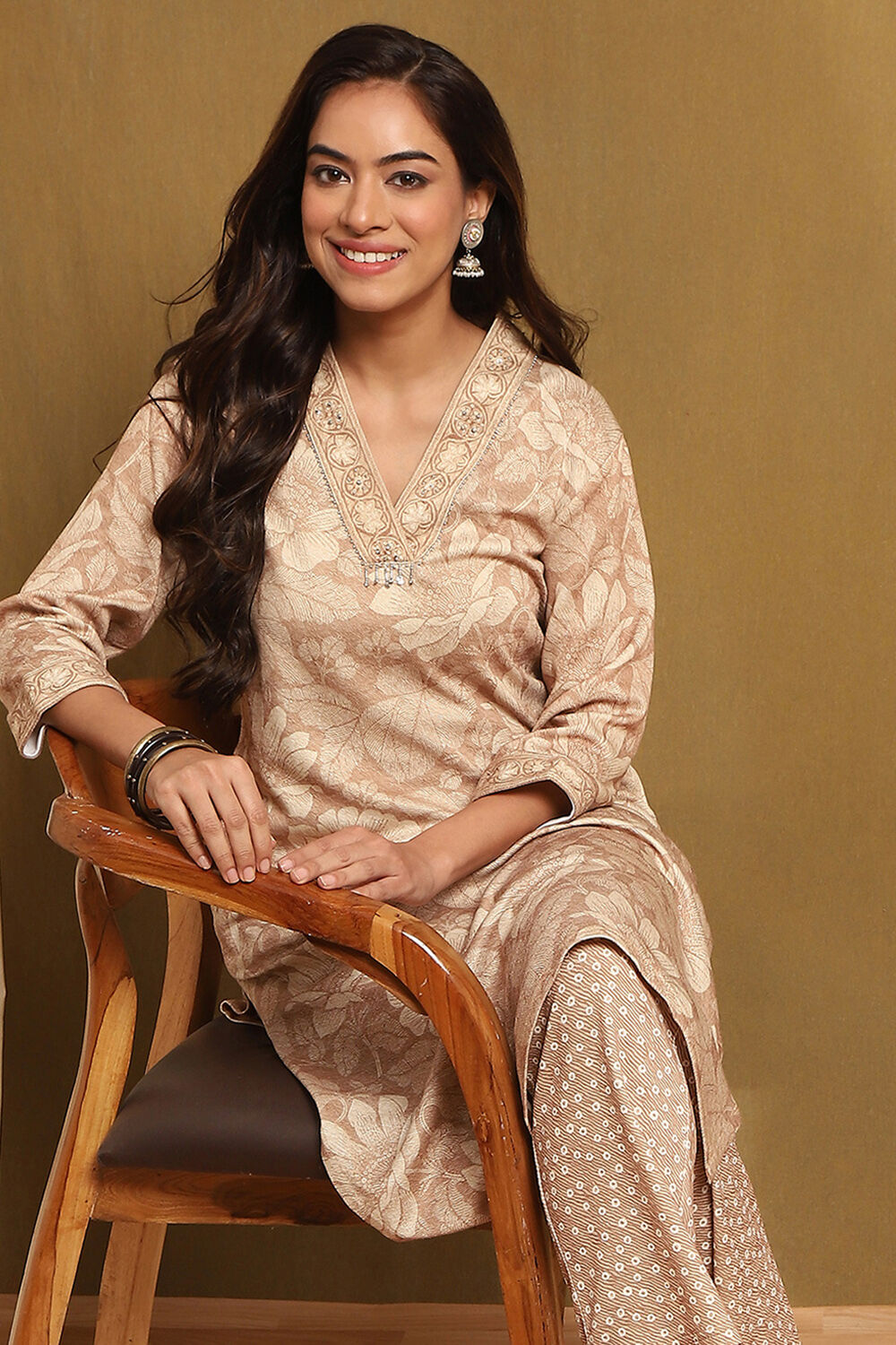 Beige Printed Straight Winter wear Kurta Set image number 0