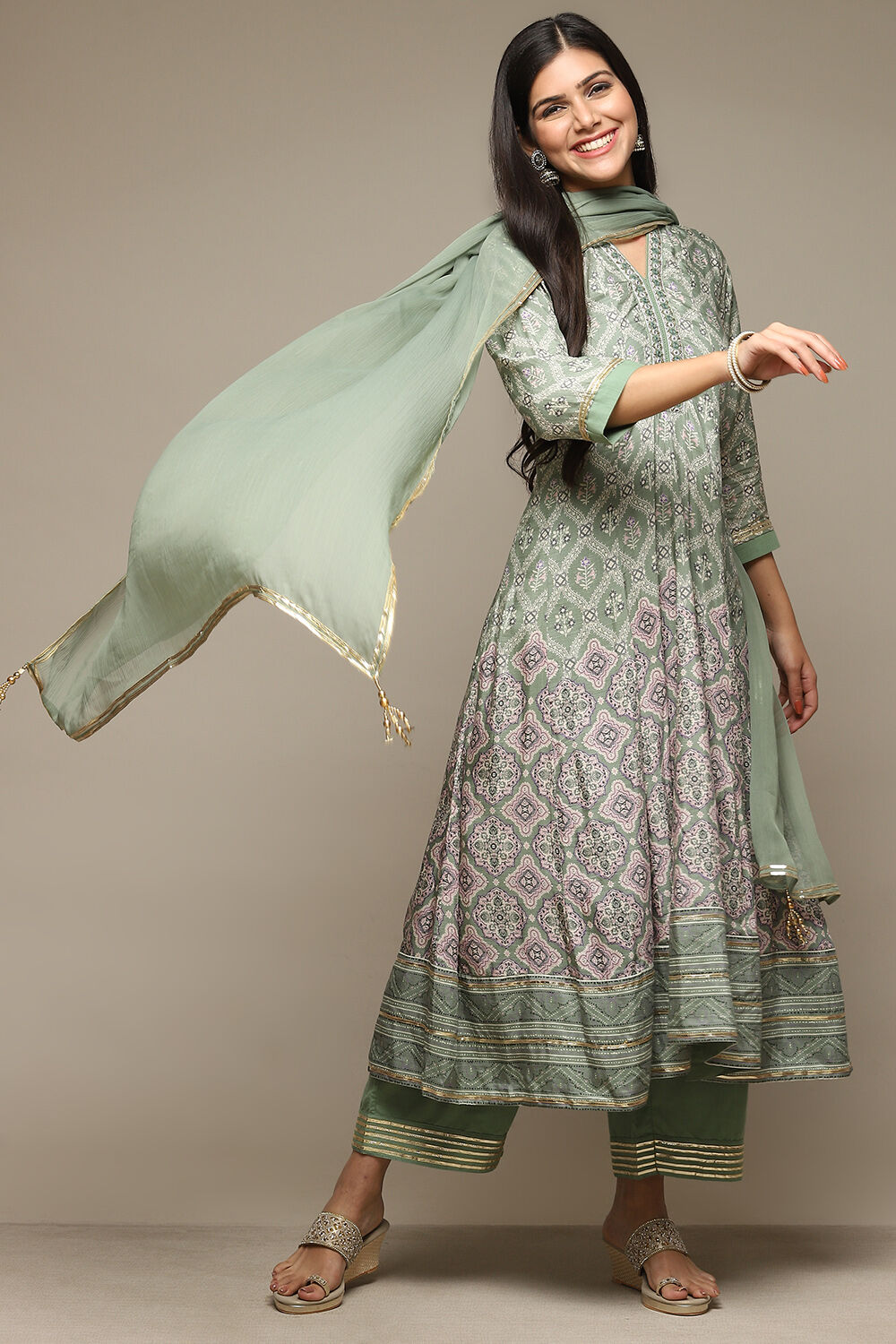 Green Modal Anarkali Kurta Palazzo Suit Set Biba India