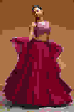 Berry Pink Pure Chinnon Hand Embroidered Lehenga Set image number 0