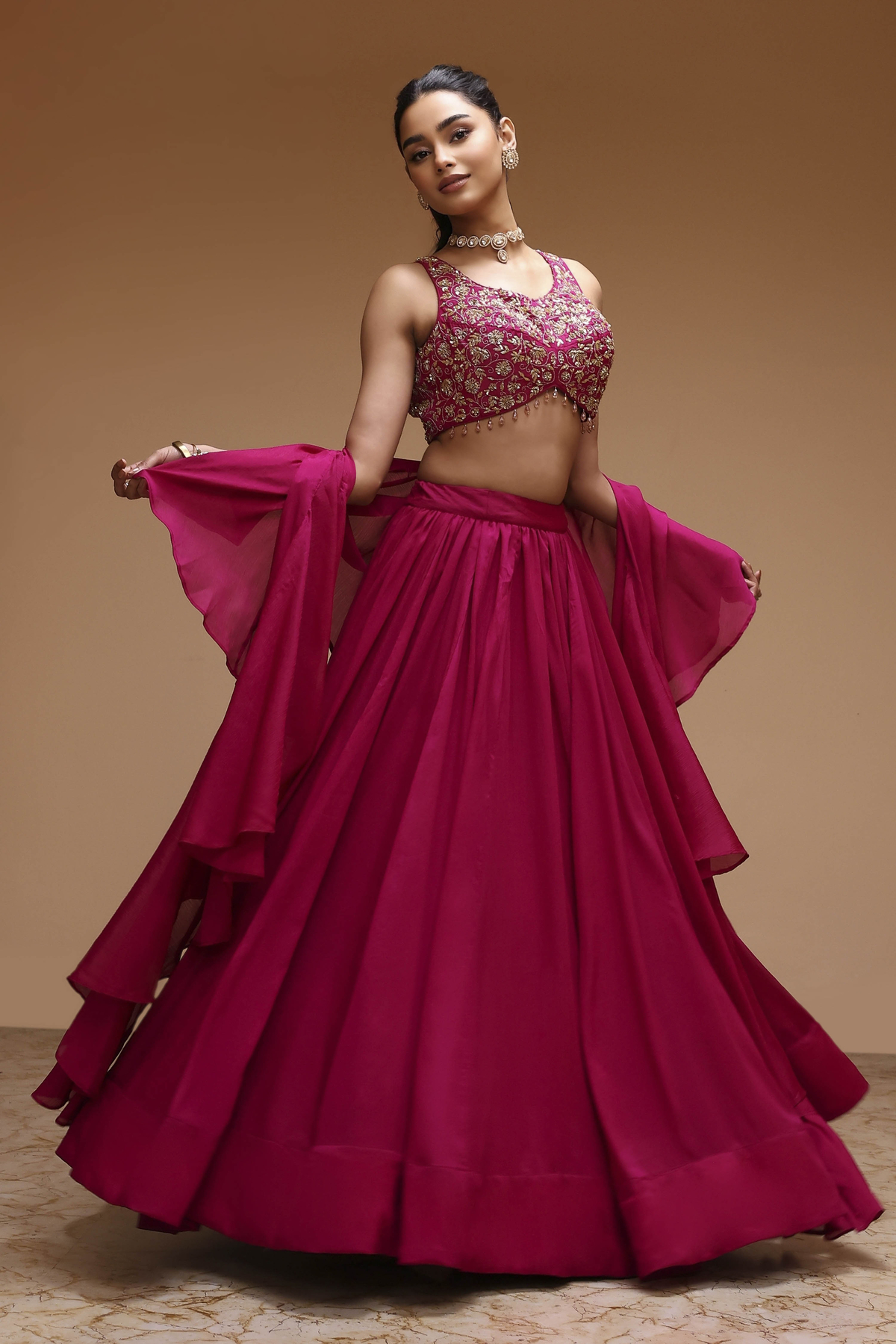 Berry Pink Pure Chinnon Hand Embroidered Lehenga Set