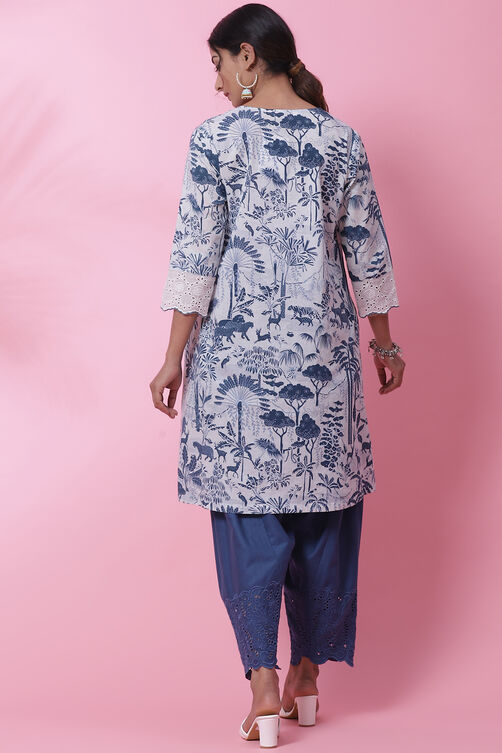 White And Blue Cotton A-Line Kurta Salwar Pant Suit Set image number 4