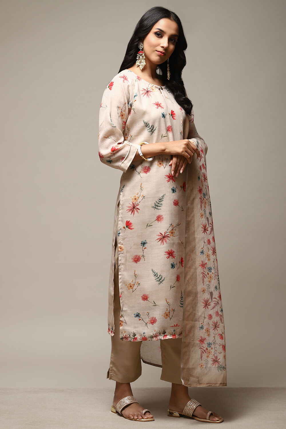 Cream Linen Digital Print Unstitched Suit Set image number 12