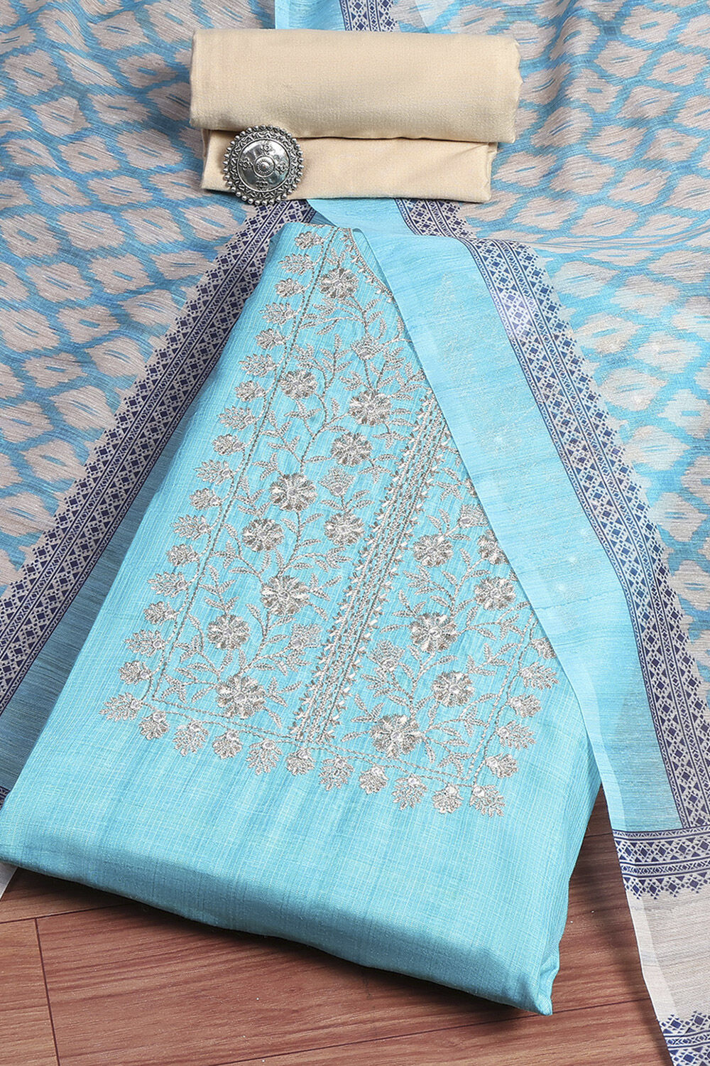 Pink Cotton Machine-Embroidered Unstitched Suit Set image number 0