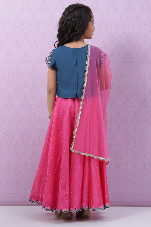 Blue & Pink Silk Lehenga Set image number 4