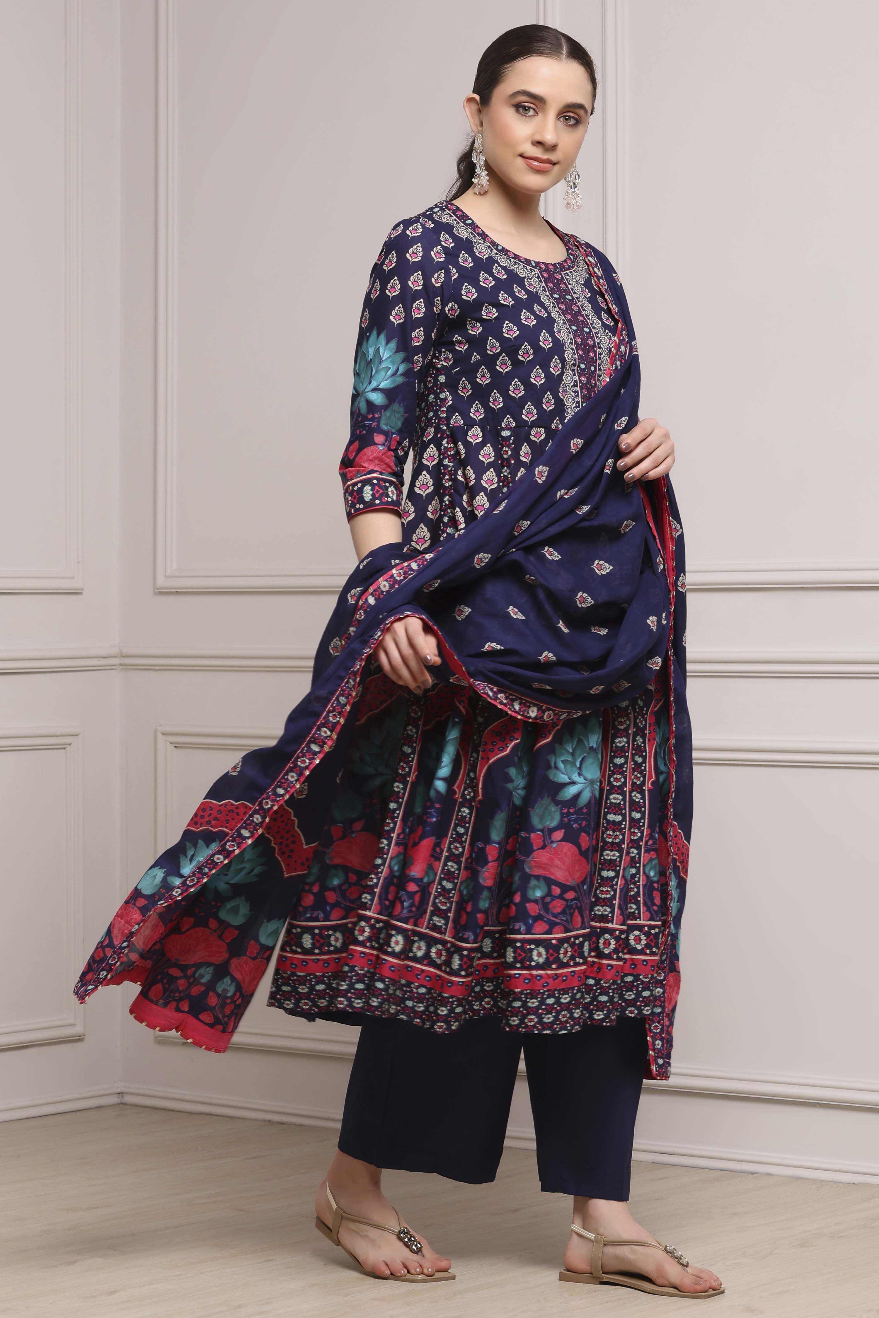 Navy Blue Cotton Printed Anarkali Suit Set image number 5