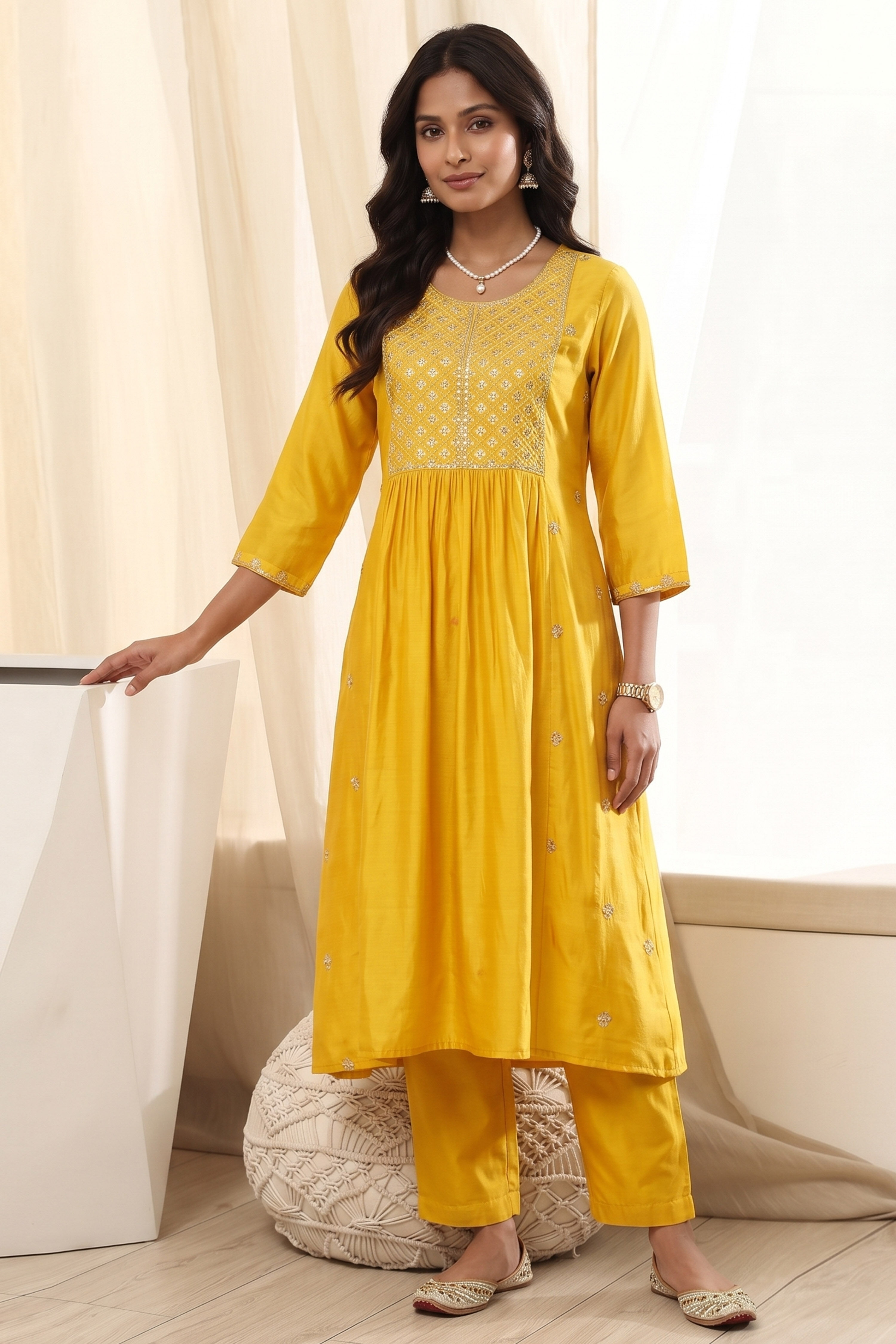 Yellow Polyester A Line Kurta image number 6