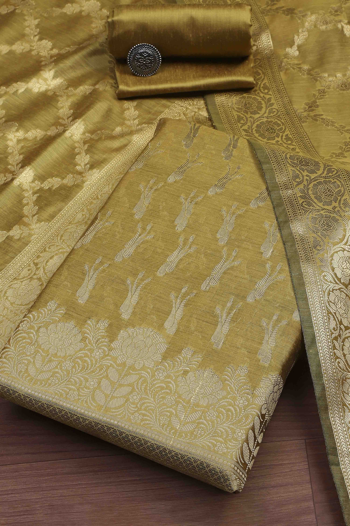 Mustard Cotton Printed Embroidered Unstitched Suit Set