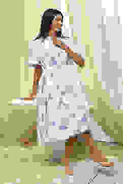 White and Blue Cotton Floral Flared Dress image number 5