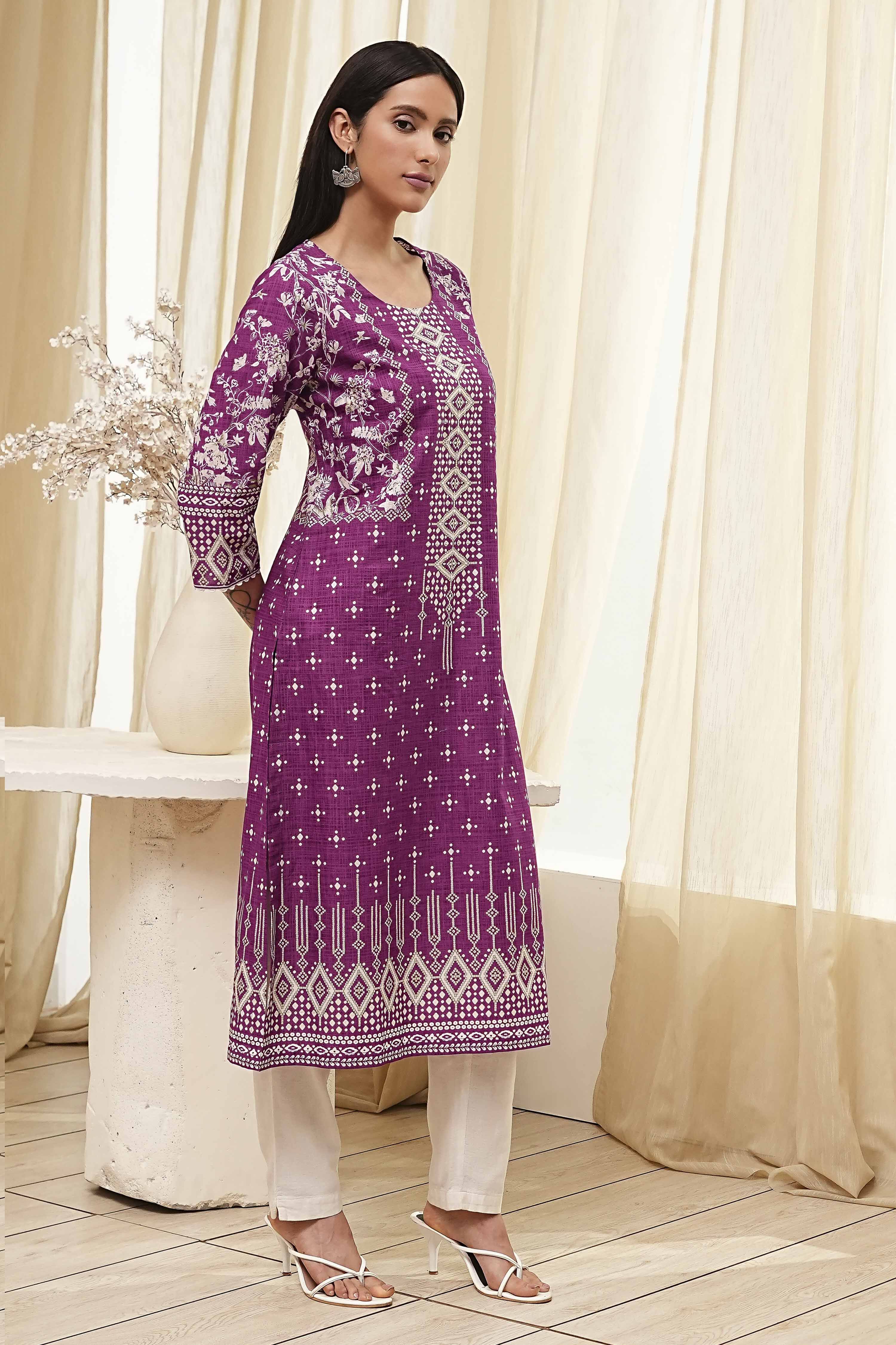 Purple Cotton Printed Straight Kurta image number 4