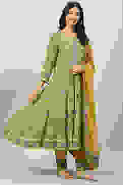 Mustard LIVA Kalidar Kurta Pant Suit Set image number 5