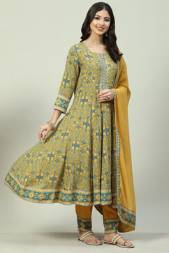 Mustard LIVA Kalidar Kurta Pant Suit Set image number 5