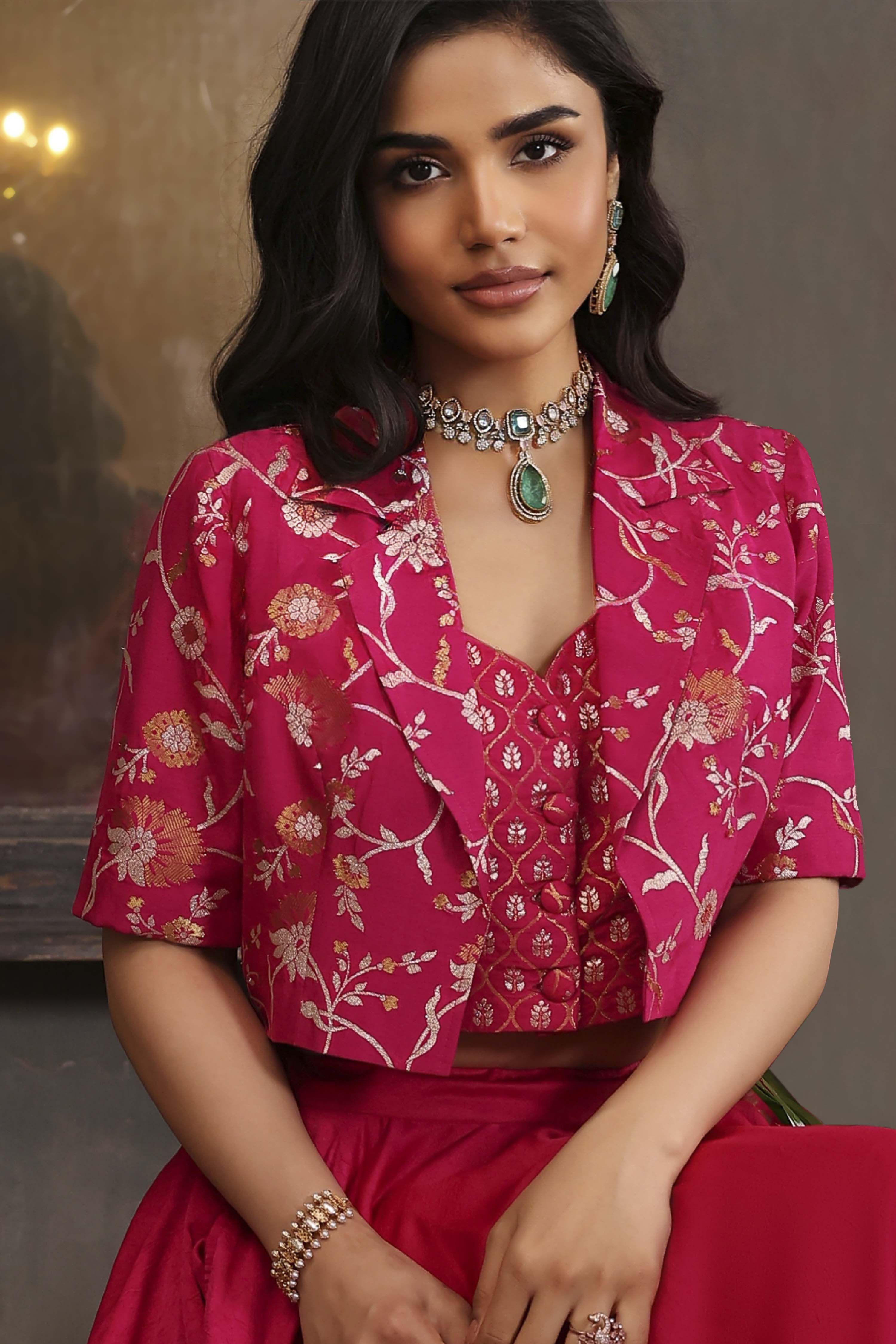 Fuschia Viscose Rayon Straight Skirt Set image number 1