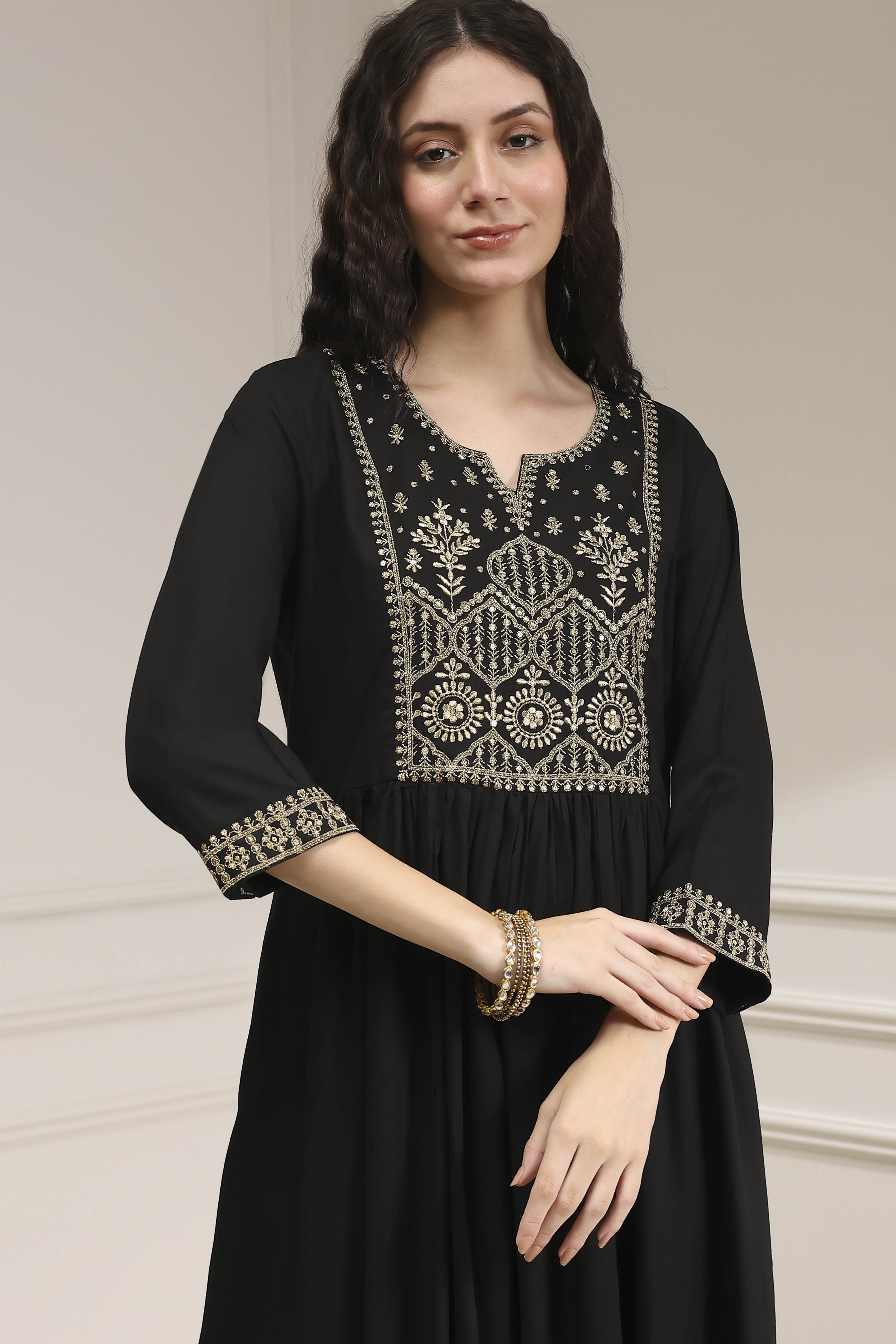 Black Embroidered Gathered Suit Set image number 0
