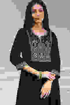 Black Embroidered Gathered Suit Set image number 0