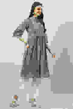 Grey Art Silk A-Line Printed Kurta image number 3