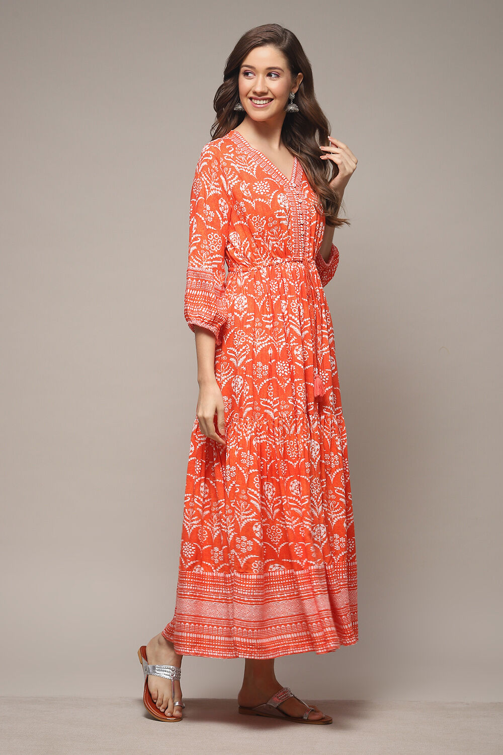 Orange Printed Tiered Dress image number 4