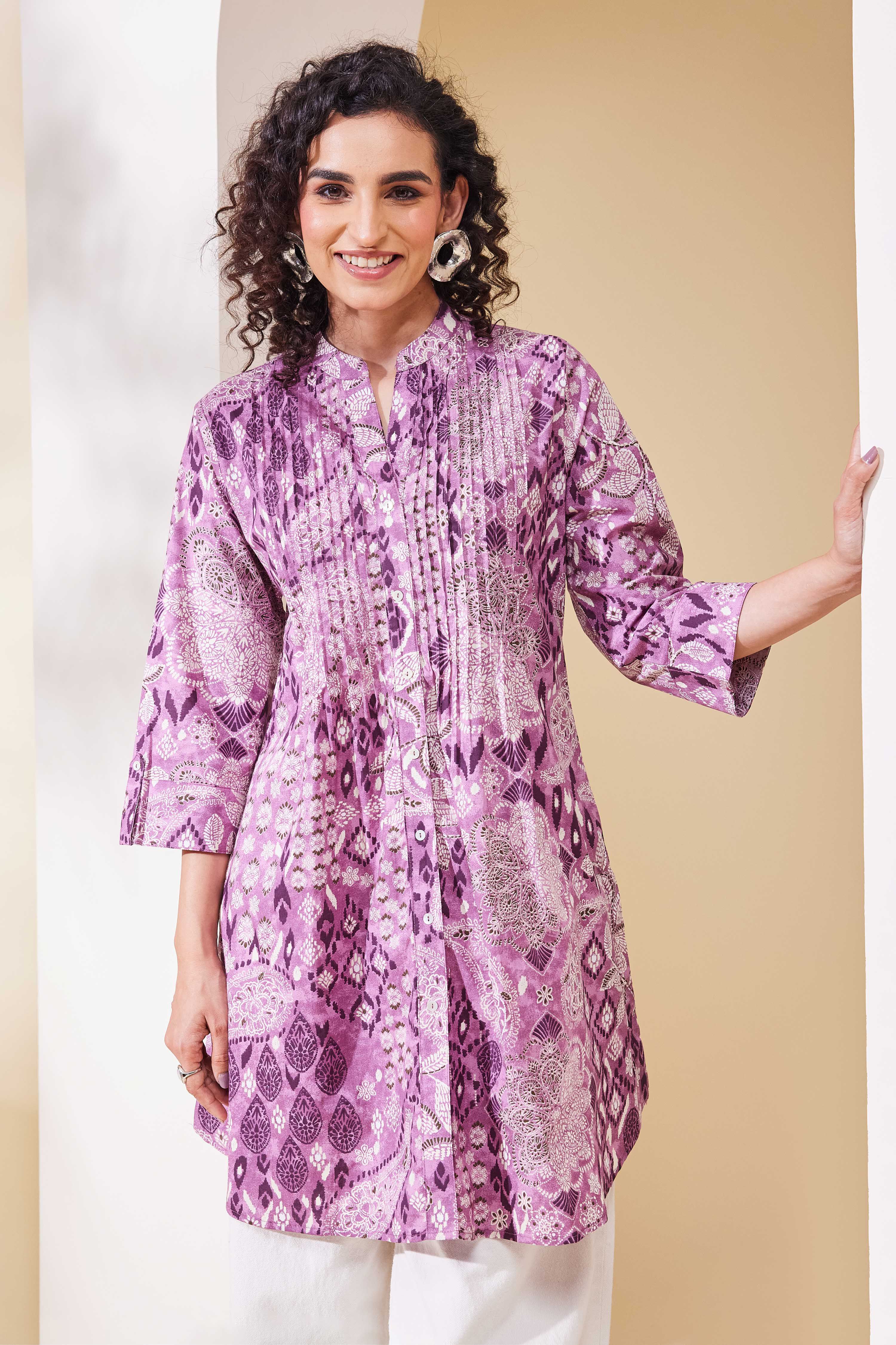 Purple Cotton Printed A-Line Kurta image number 6