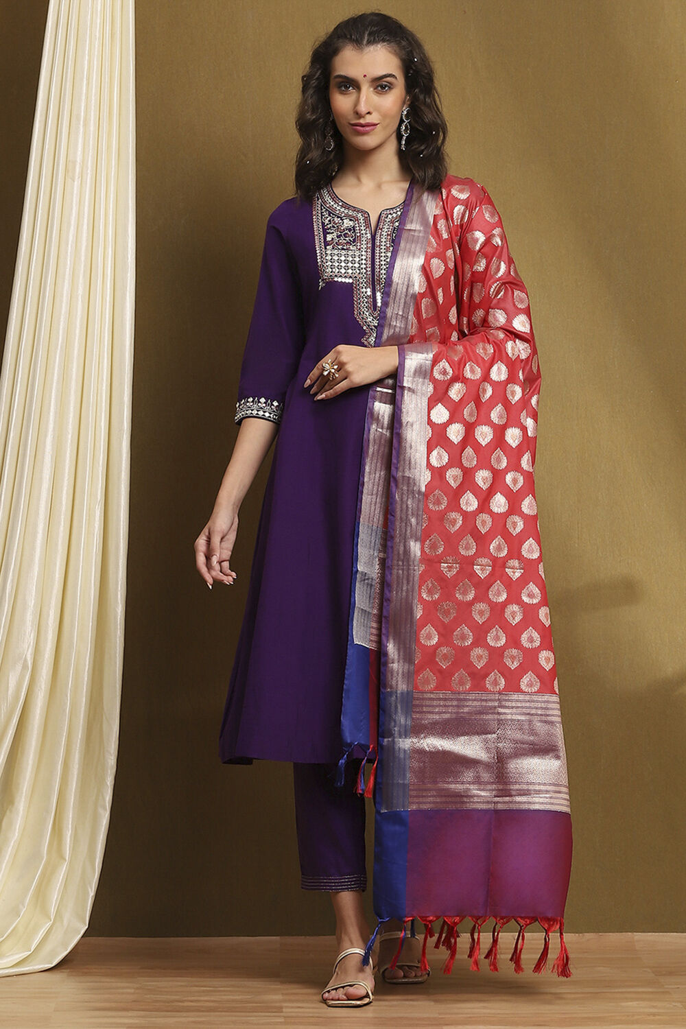 Purple Embroidered Kalidar Suit Set image number 7