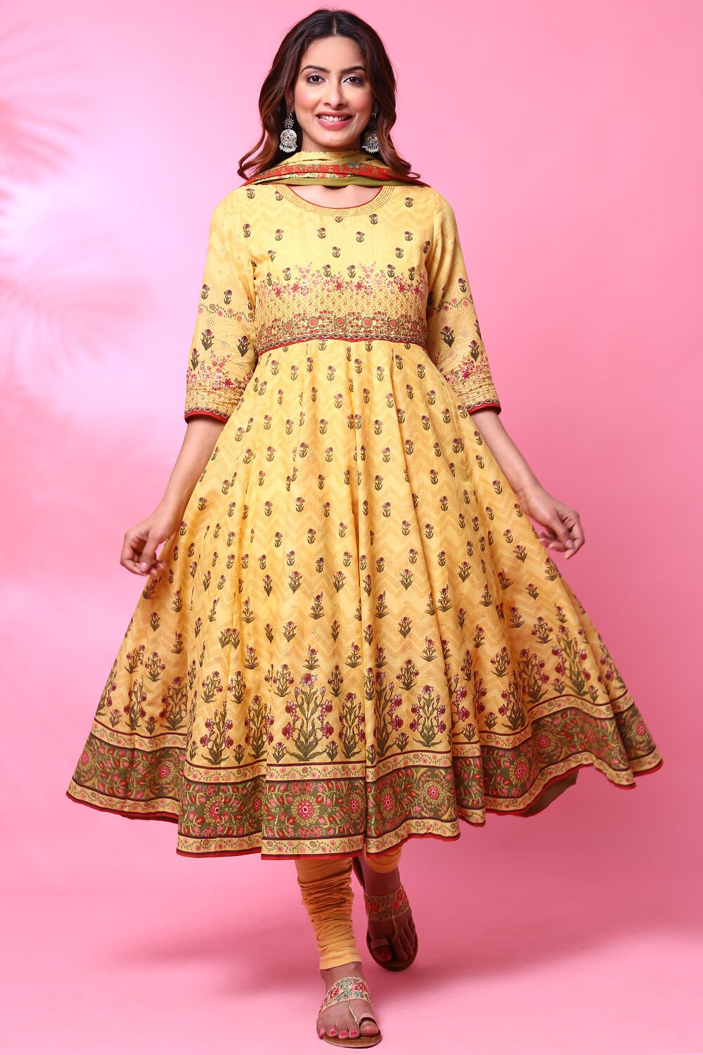 Yellow Cotton Anarkali Suit at Biba India