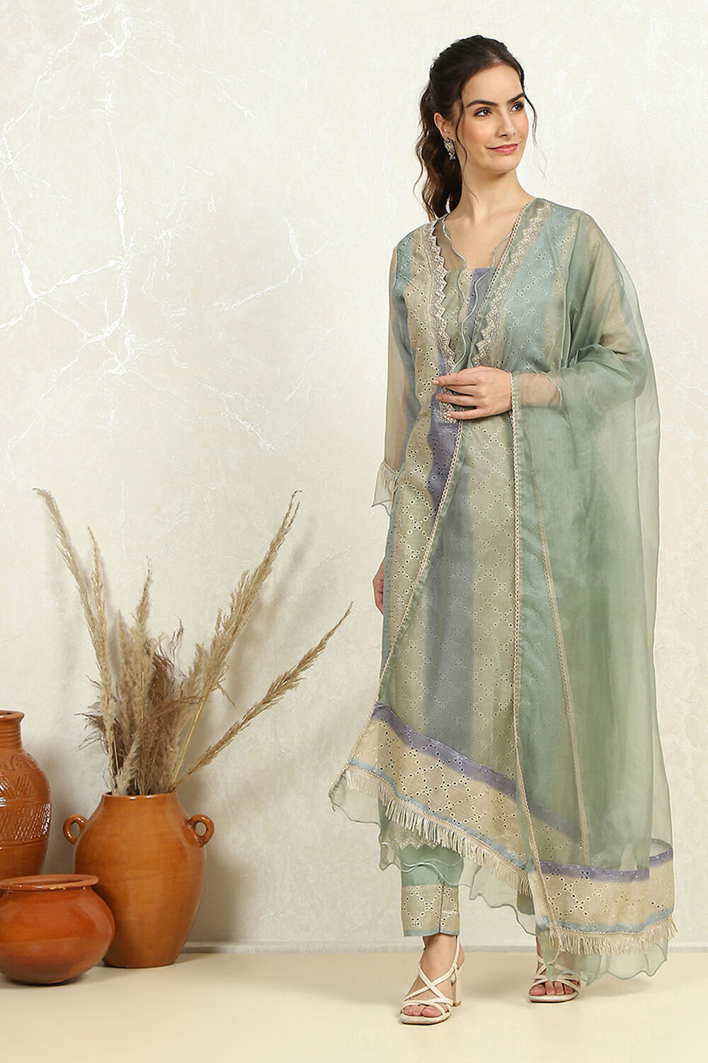 Green Cotton Blend Schiffli Unstitched Suit Set image number 1