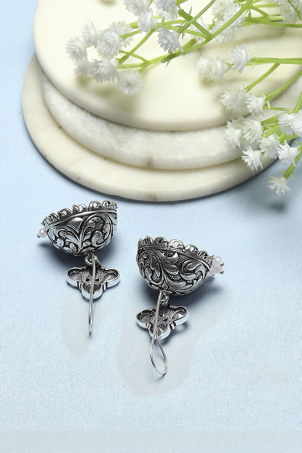 Light Pink Oxidised Stone Studded Jhumkas image number 2