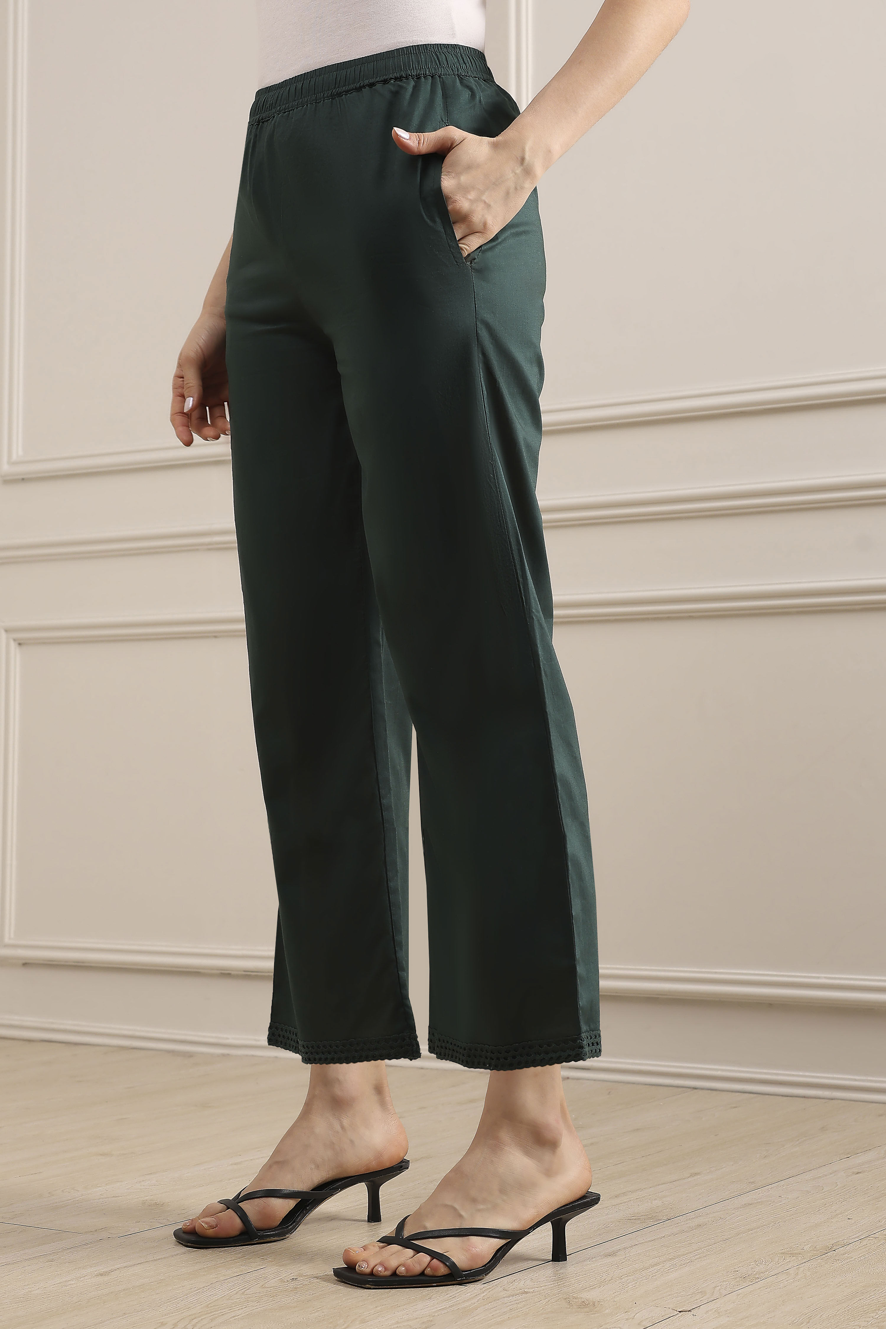 Green Cotton Flared Dyed Palazzo Pants image number 2