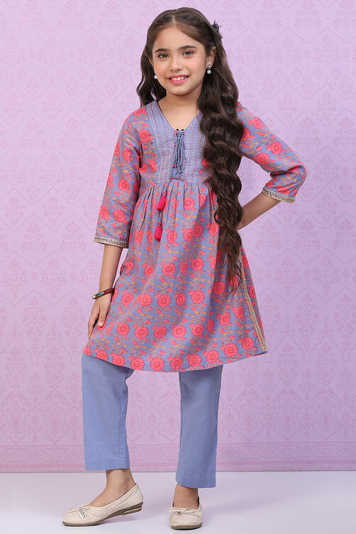 Blue Cotton Straight Printed Kurta Set image number 5