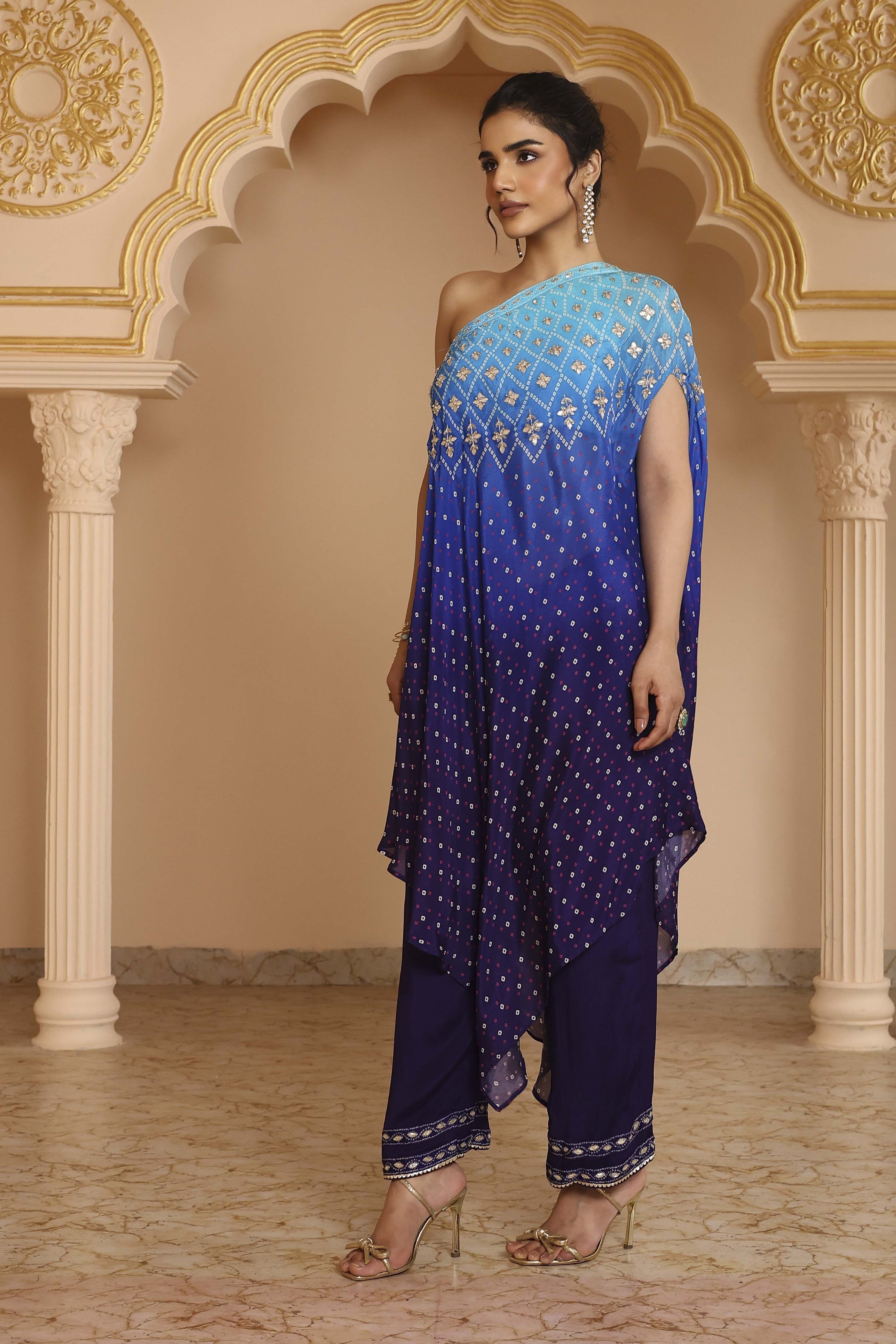 Blue Ombre Pure Chinnon Printed One Shoulder Kurta Set image number 3