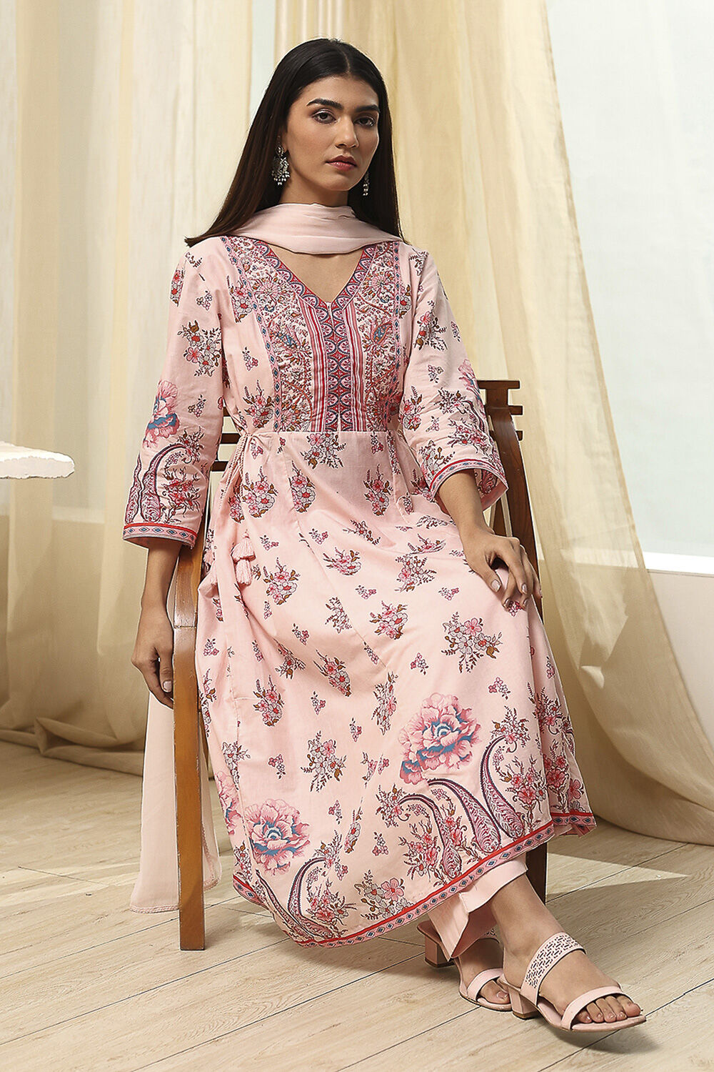 Peach-Colored Cotton Floral Flared Suit Set image number 0