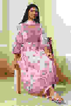 Peach-Colored Cotton Floral Flared Suit Set image number 0