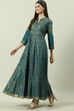 Teal Cotton Flared Printed Dress image number 2