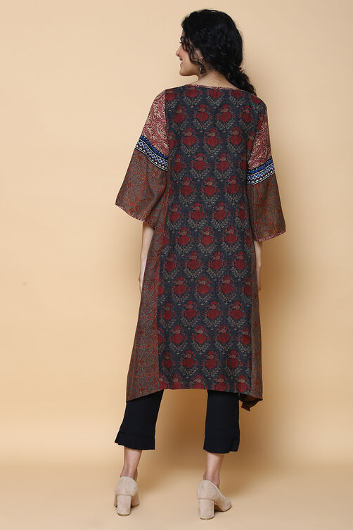 Charcoal Black Art Silk Printed Kurta image number 4