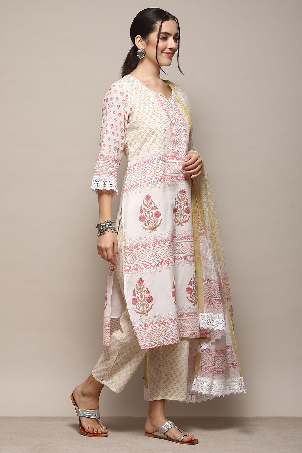 White Cotton Machine Embroidered Unstitched Suit Set image number 7