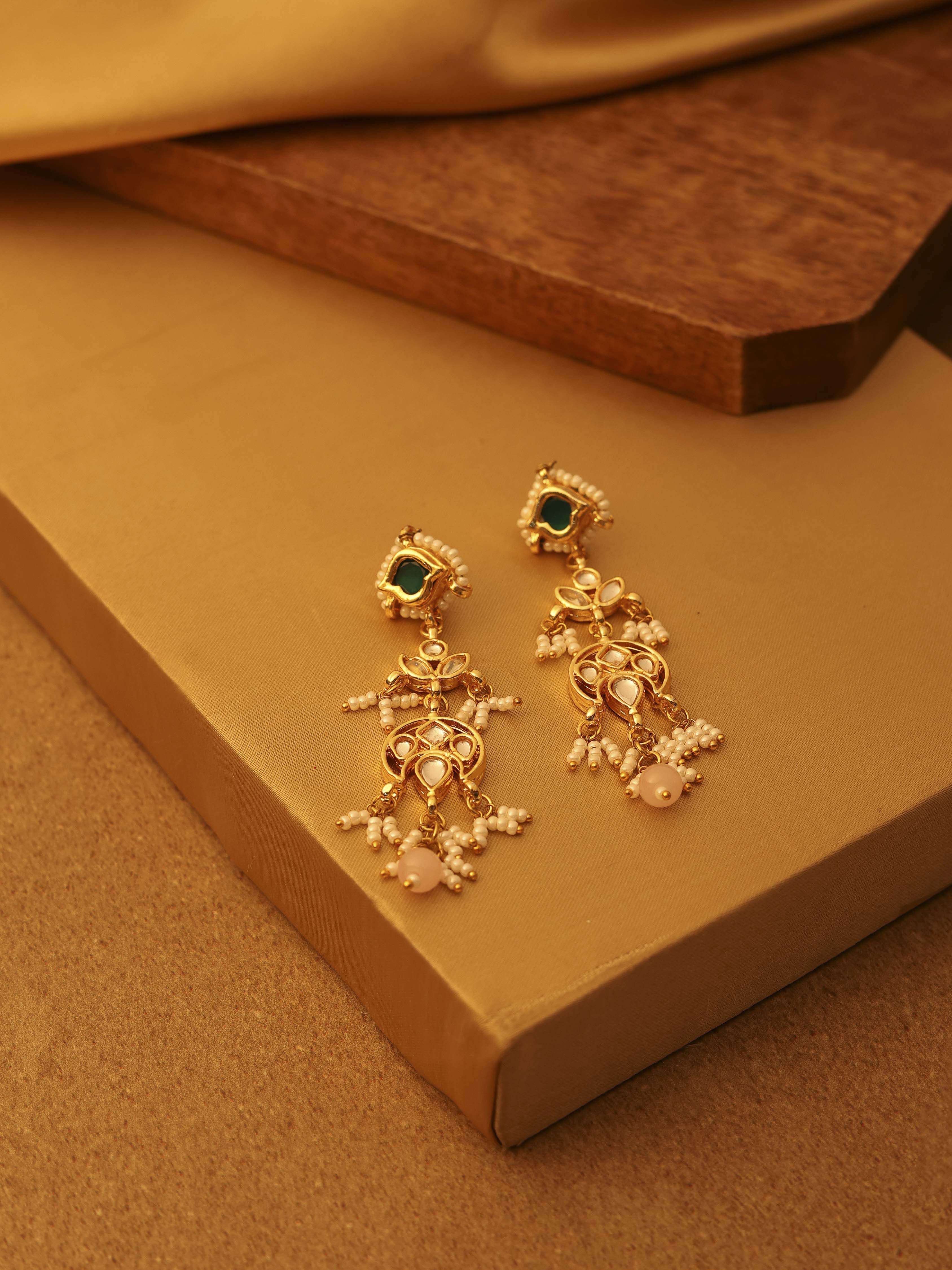 Green Gold Plated Brass Studded Drop Earrings image number 0
