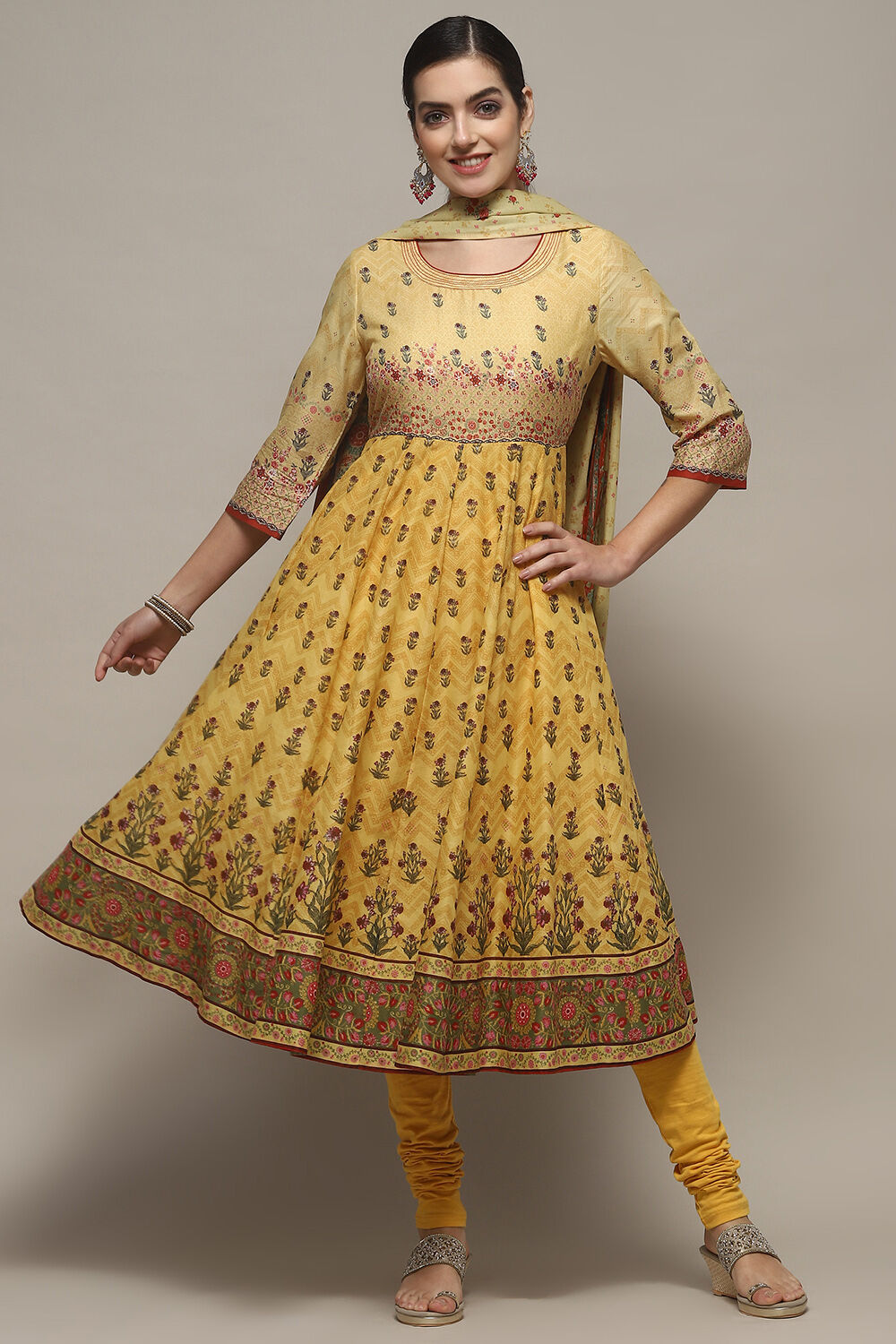 Yellow Voile Anarkali Kurta Churidar Suit Set image number 7