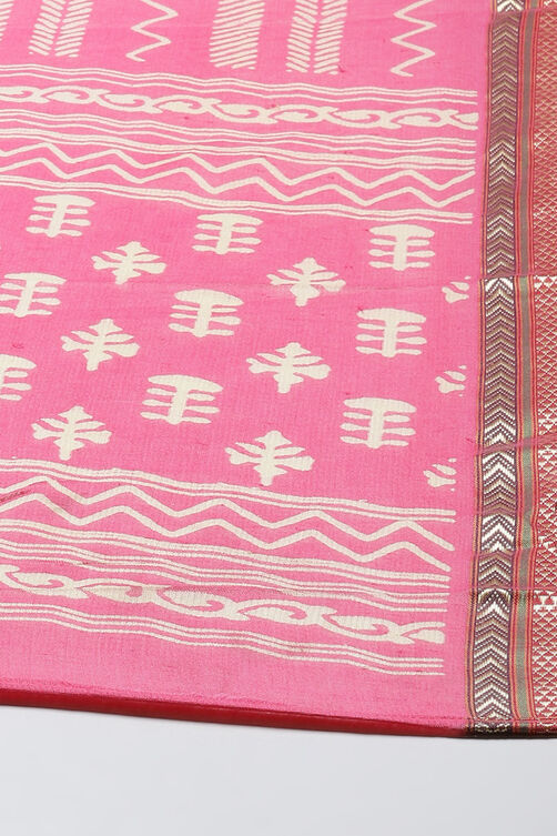 Pink Cotton Screen Print Unstitched Suit Set image number 3