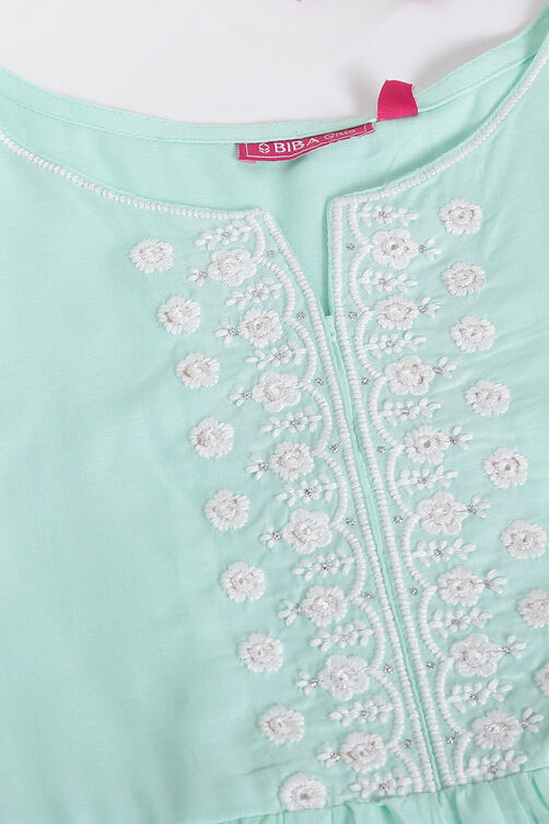 Sea Green Cotton Tiered Kurta Churidar Suit Set image number 1