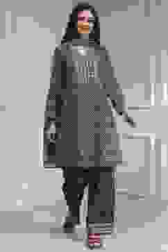 Black Cotton Printed Straight Suit Set image number 6