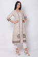 Sand Brown Cotton Flax A-Line Printed Kurta image number 3