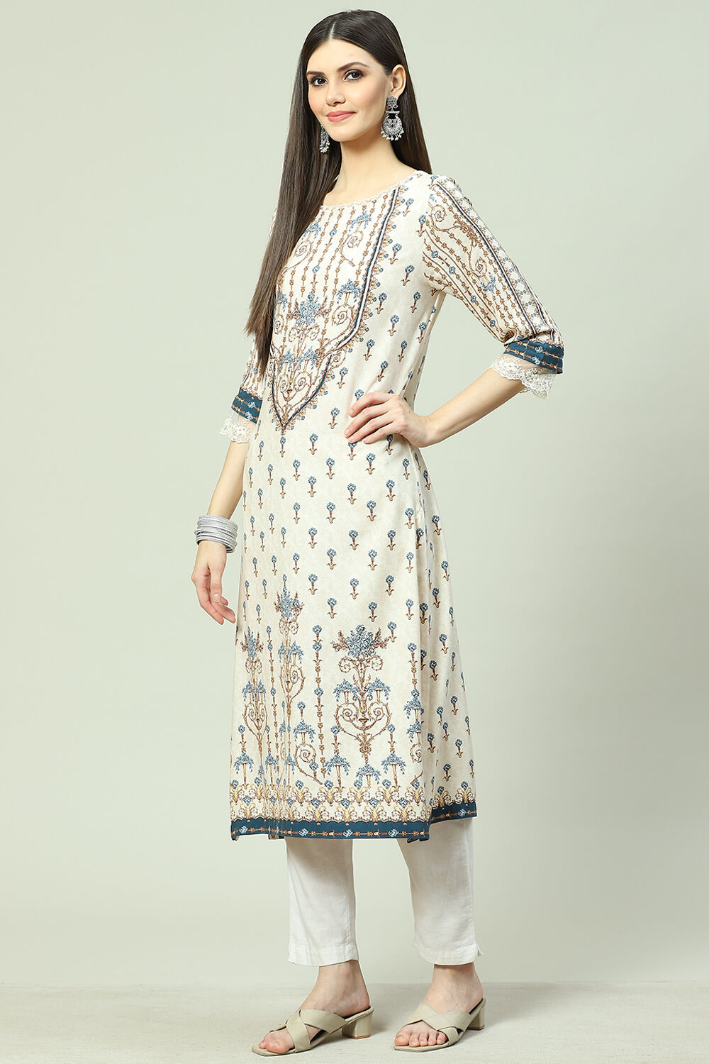 Ecru LIVA Straight Printed Kurta image number 3