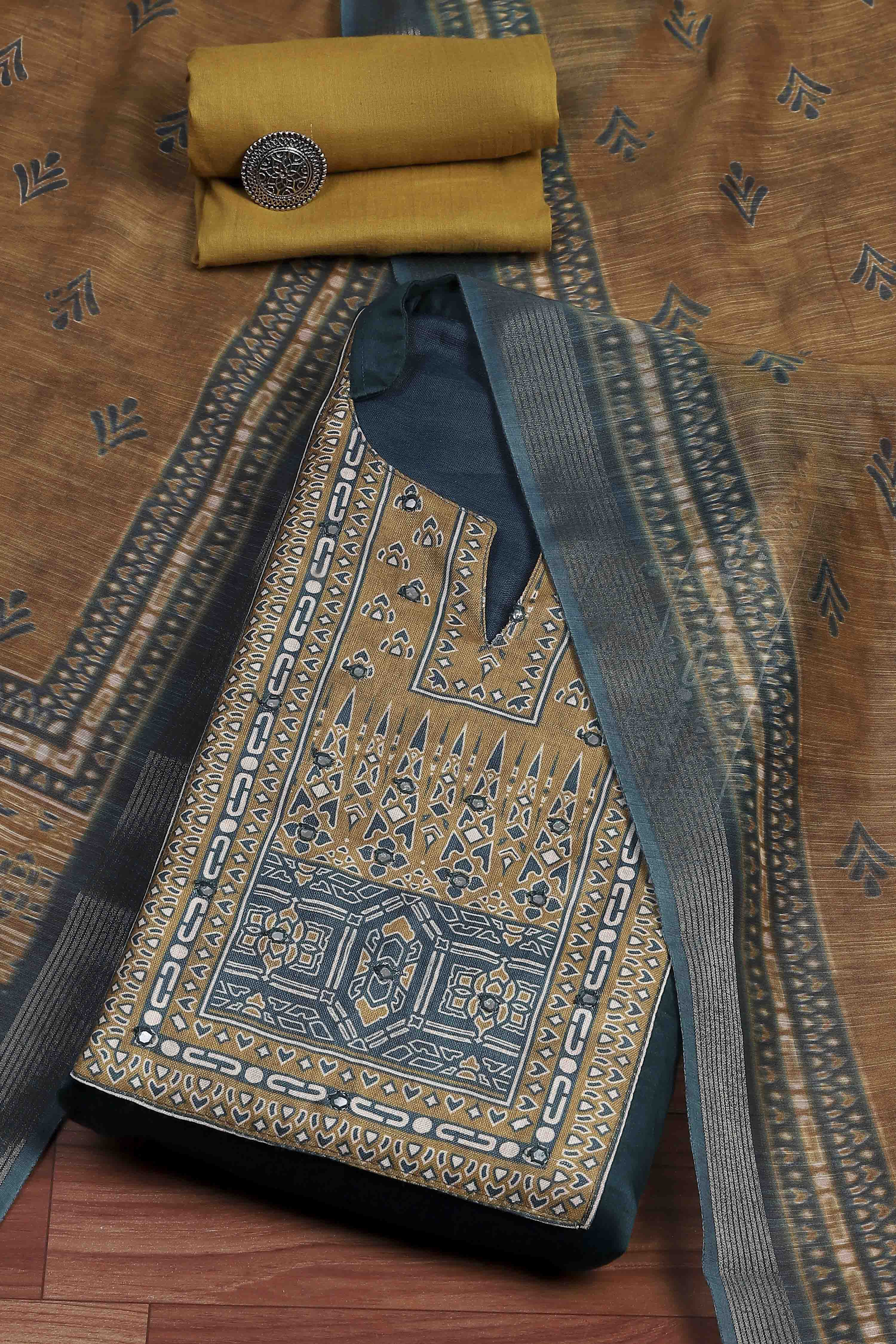 Blue Cotton Printed Embroidered Unstitched Suit Set image number 0