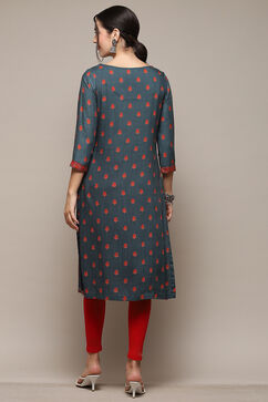 Teal LIVA Straight Printed Kurta image number 3